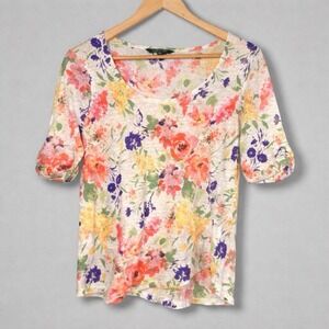 Lauren Ralph Lauren 100% Linen Top Womens XL Floral Coastal Resort Vacation